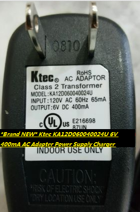 *Brand NEW* Ktec KA12D060040024U 6V 400mA AC Adapter Power Supply Charger - Click Image to Close