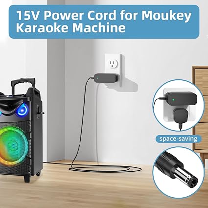 15V Charger for Moukey Karaoke Machine Power Cord Compatible with MTs10-1 MTs10-2 MTs10-4 MTs12-1 MT