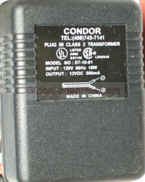 *Brand NEW*12V 500mA CONDOR D7-10-01 PLUG IN CLASS 2 TRANSFORMER Ac Adapter
