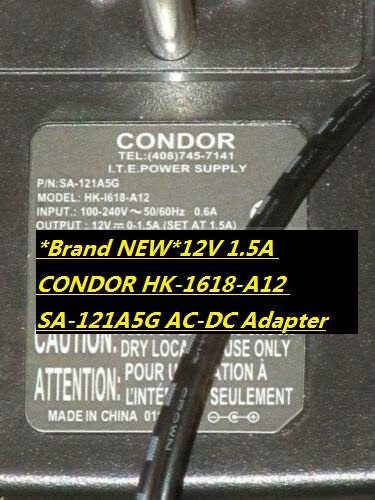 *Brand NEW*12V 1.5A CONDOR HK-1618-A12 SA-121A5G AC-DC Adapter - Click Image to Close