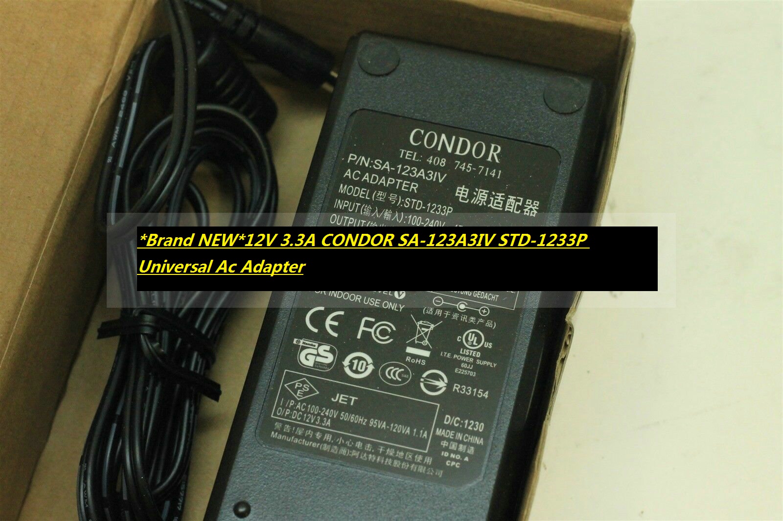 *Brand NEW*12V 3.3A CONDOR SA-123A3IV STD-1233P Universal Ac Adapter - Click Image to Close